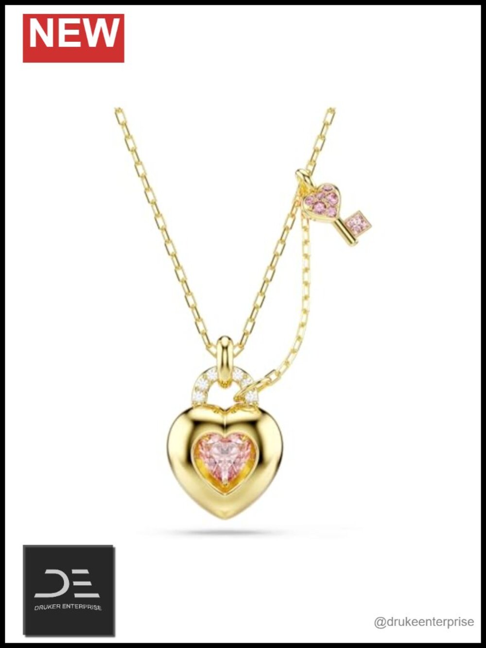 Mixed Cuts Heart Key Necklace Brass Crystal Pendant 17.75 Inch